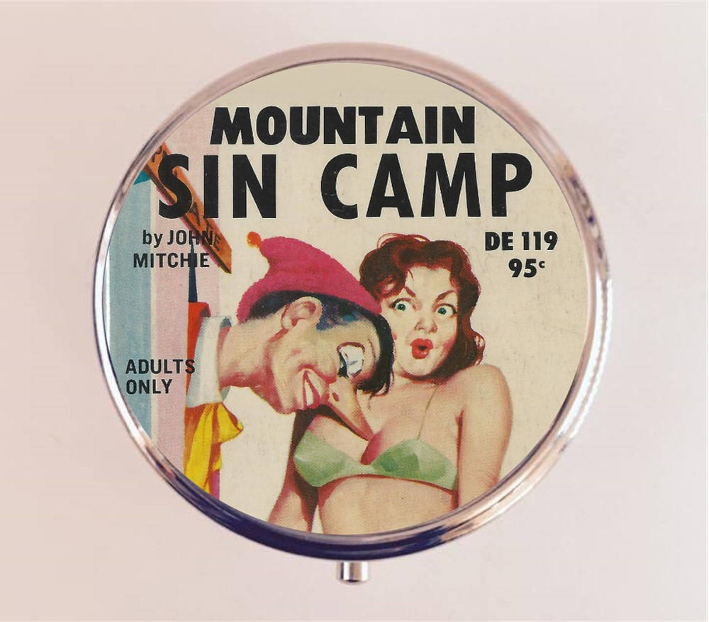 Mountain Sin Camp Pill Box Case Pillbox Holder Trinket Stash Box Retro Kitsch Sleaze Pulp Fiction