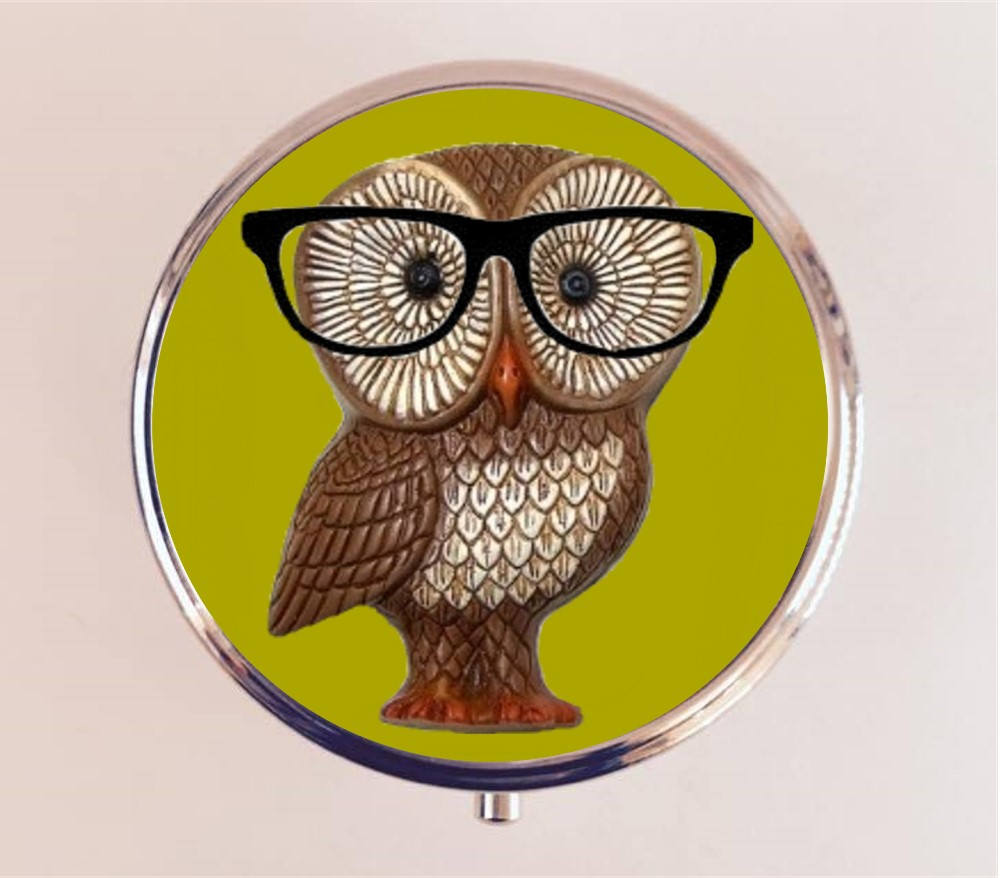 Owl Nerd Pill Box Case Pillbox Holder Trinket Stash Box Hipster Glasses Anthropomorphic Animal Pop Art