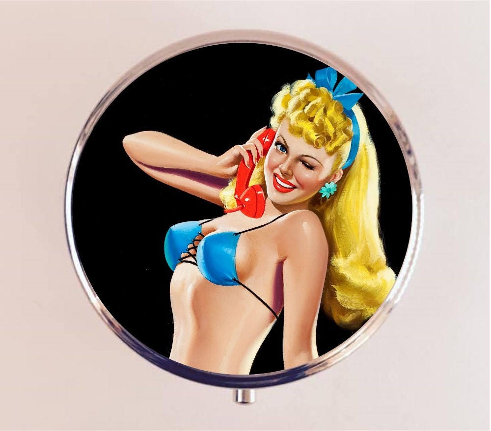 Telephone Pin Up Pill Box Case Pillbox Holder Trinket Box Pinup 1950s Glamour Retro