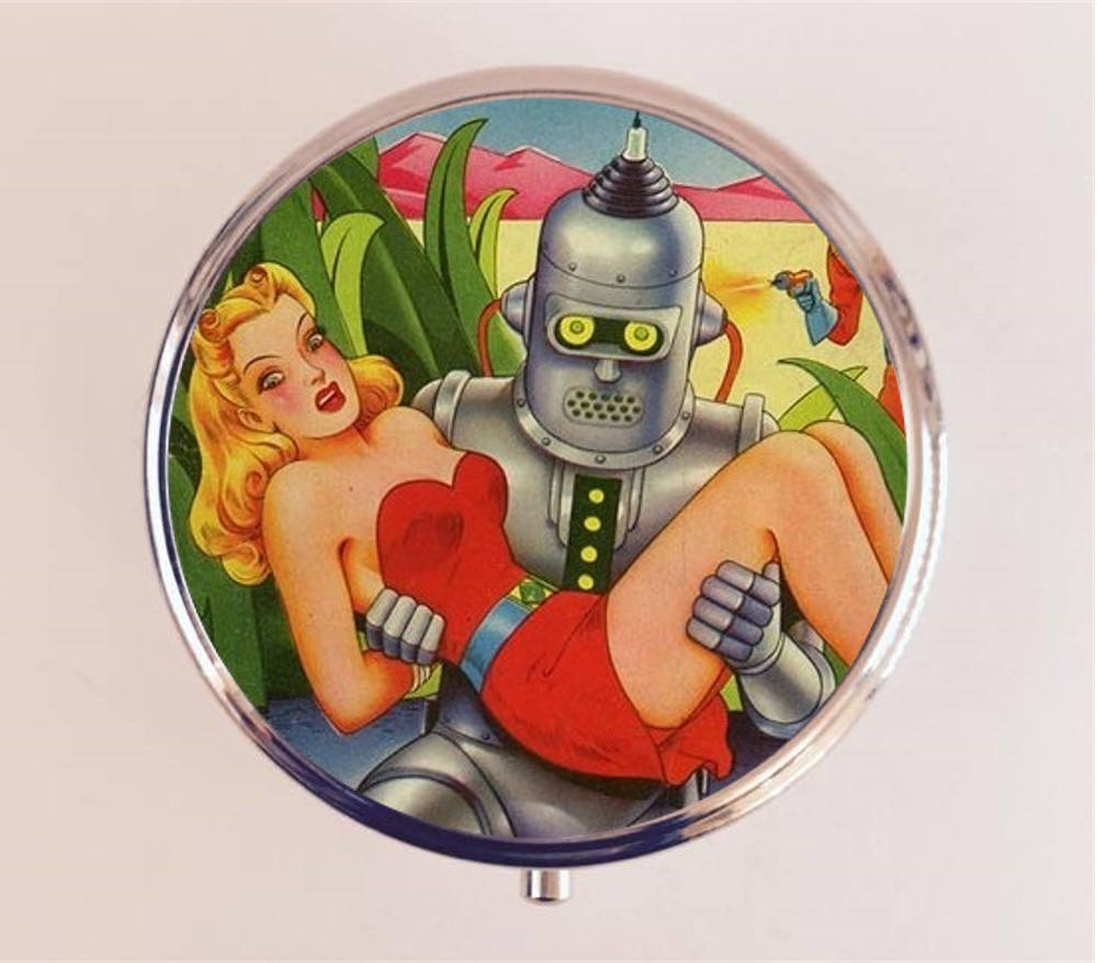 Robot Comic Pill Box Case Pillbox Holder Trinket Box Romance Pulp Fiction Sci Fi Science Fiction