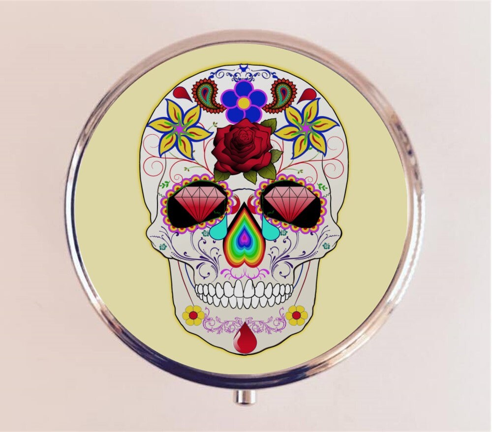 Sugar Skull Pill Box Case Pillbox Holder Trinket Box Day of the Dead Dia De Los Muertes Mexican Goth