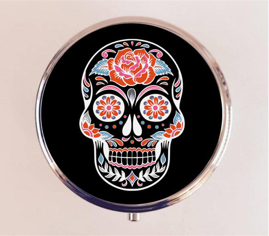 Sugar Skull Pill Box Case Pillbox Holder Trinket Box Day of the Dead Dia De Los Muertes Black Mexican Goth