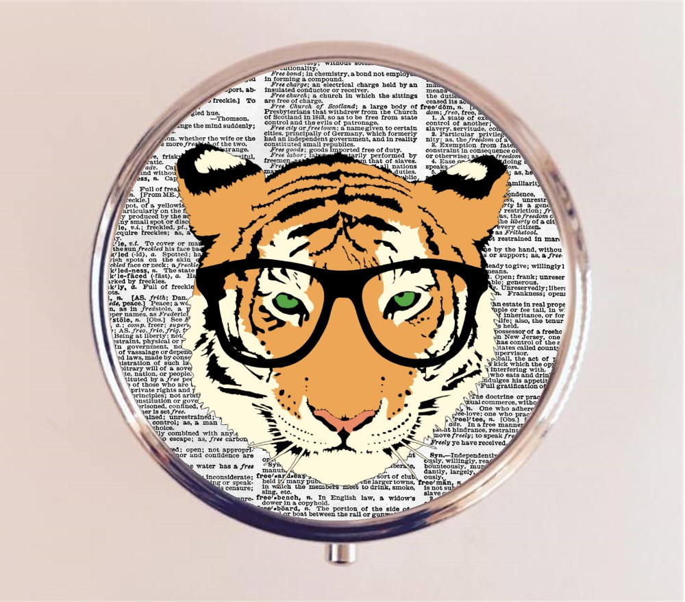 Tiger Nerd Pill Box Case Pillbox Holder Trinket Stash Box Hipster Glasses Anthropomorphic Animal Pop Art