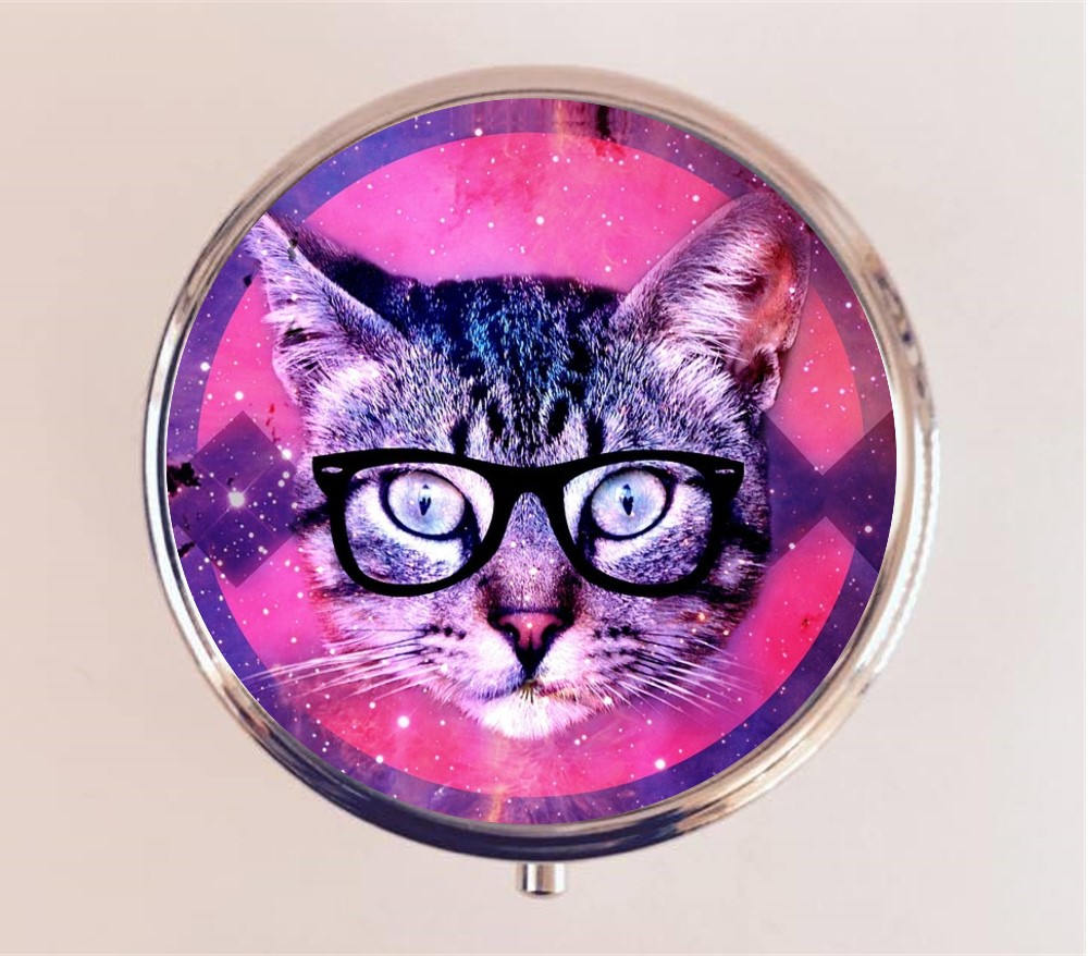 Cat Nerd Pill Box Case Pillbox Holder Trinket Stash Box Pop Art Hipster Cats Glasses Anthropomorphic Animal Art