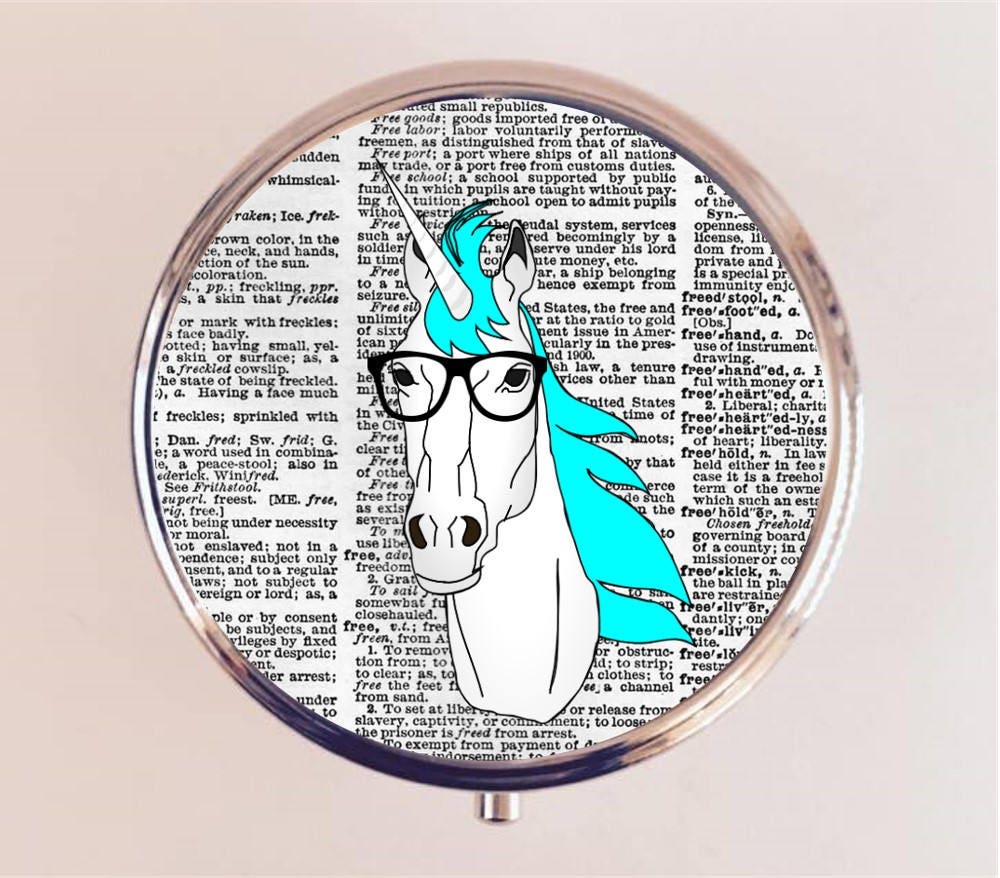 Unicorn Nerd Pill Box Case Pillbox Holder Trinket Hipster Anthropomorphic Animal Pop Art Glasses