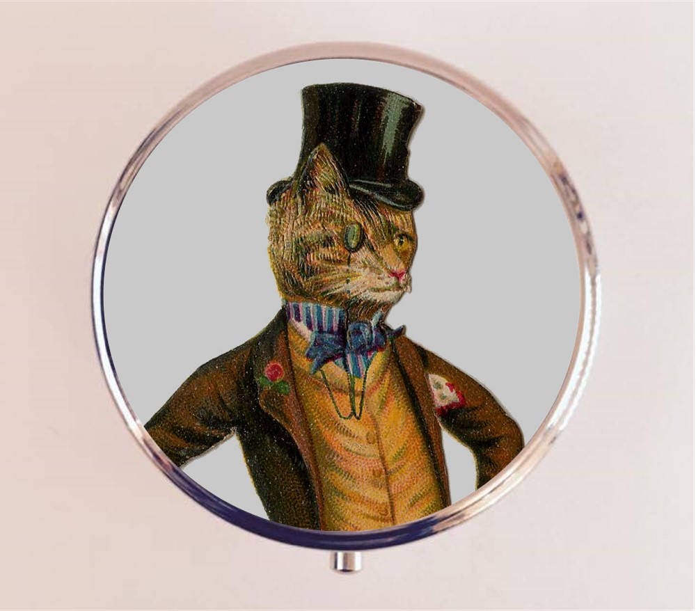 Victorian Cat Man Pill Box Case Pillbox Holder Trinket Box Altered Pop Animal Art Anthropomorphic