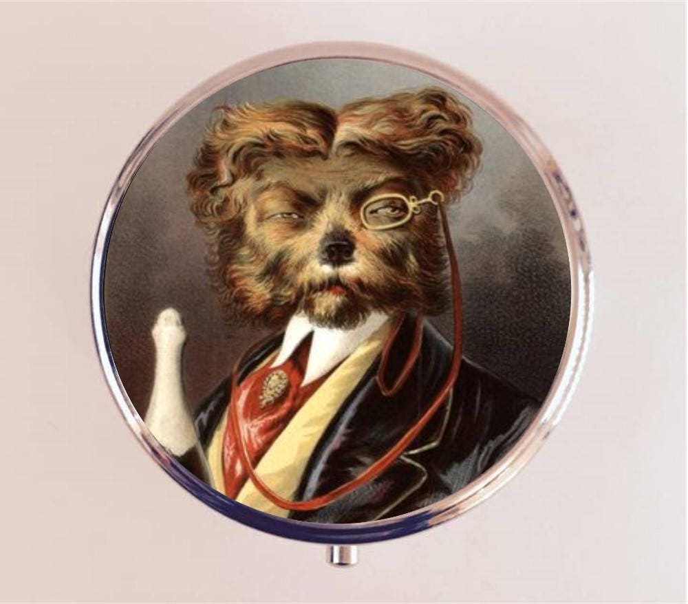 Victorian Dog Man Pill Box Case Pillbox Holder Trinket Box Pop Animal Art Anthropomorphic