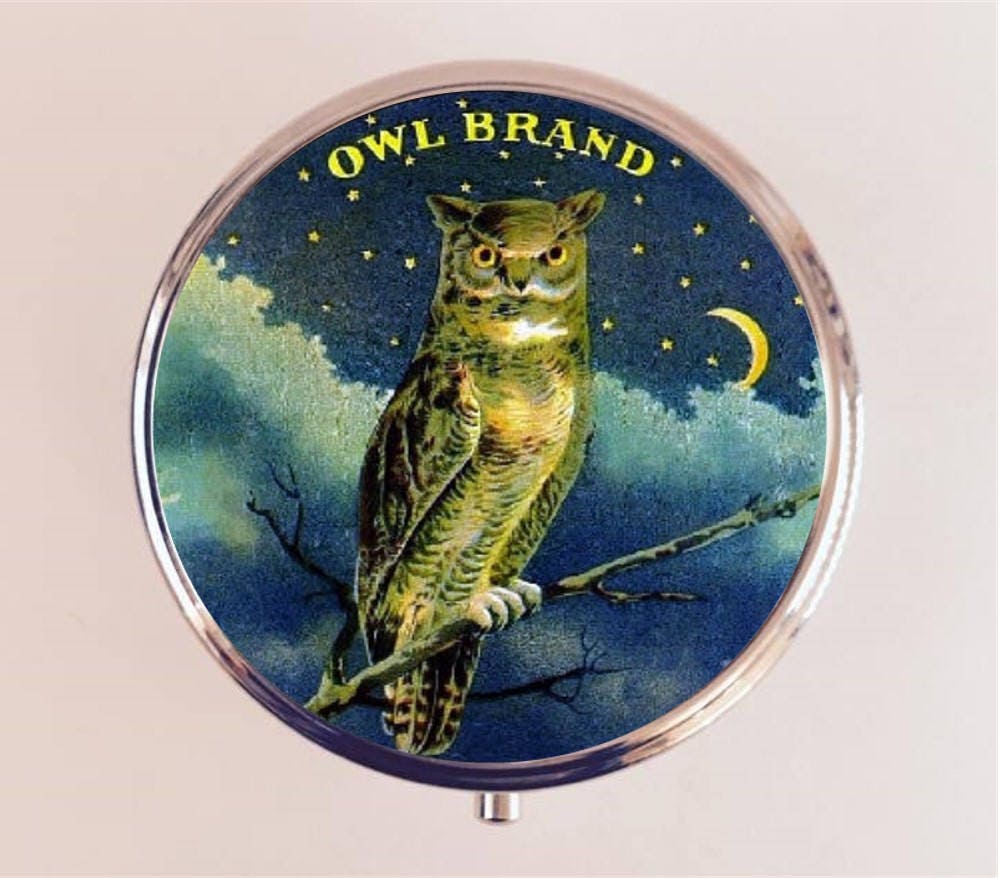 Victorian Owl Pill Box Case Pillbox Holder Trinket Box Vintage Advertising Bird Ad