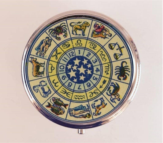 Zodiac Ad Pill Box Case Pillbox Holder Trinket Stash Box Astrology Astrological Occult Blue