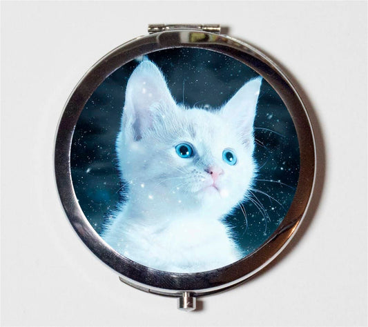 White Cat Compact Mirror - Kawaii Cute Animal Art - Make Up Pocket Mirror for Cosmetics