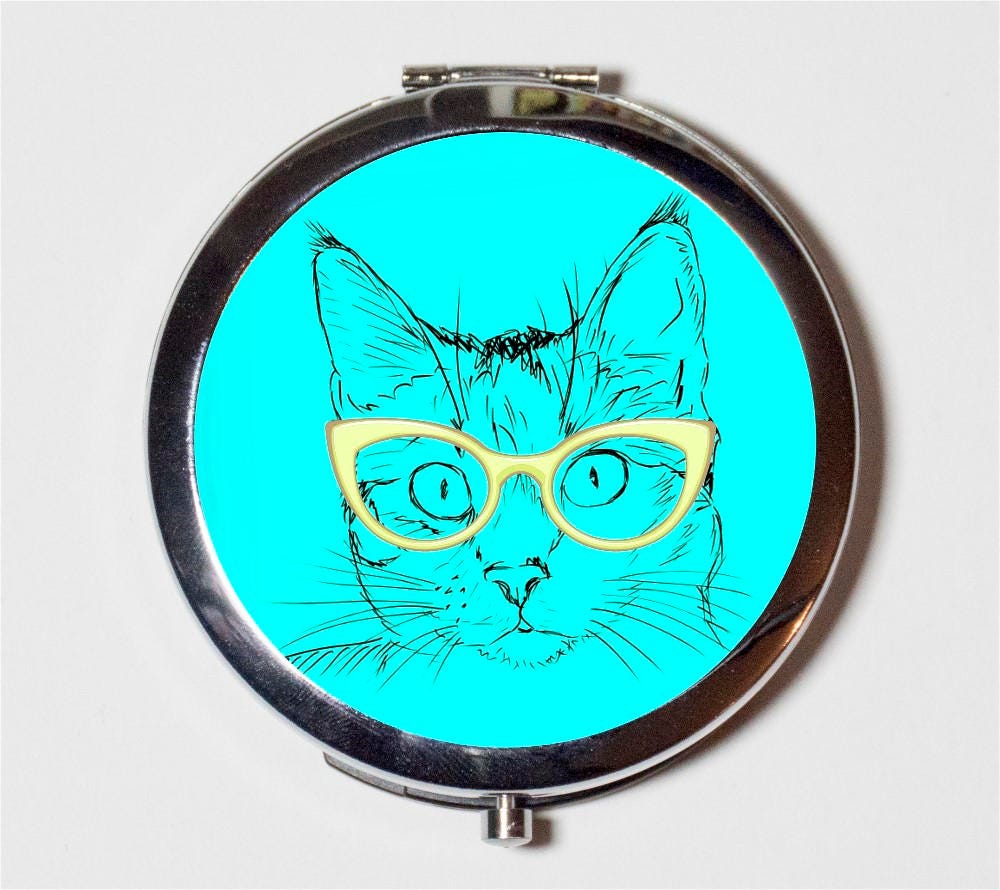 Cat Nerd Compact Mirror - Anthropomorphic Hipster Kawaii Cute Animal Art Retro Style - Make Up Pocket Mirror for Cosmetics