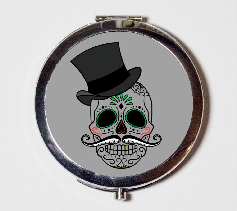 Sugar Skull Compact Mirror - Day of the Dead Dia De Los Muertes Top Hat Mustache Mexican Holiday - Make Up Pocket Mirror for Cosmetics