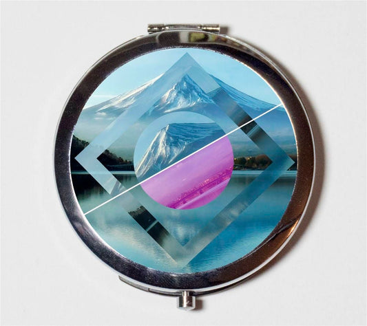 Geometric Landscape Compact Mirror - Trippy Surreal Mountain Diamond - Make Up Pocket Mirror for Cosmetics