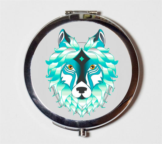 Tribal Wolf Compact Mirror - Spirit Animal Totem Wolves - Make Up Pocket Mirror for Cosmetics