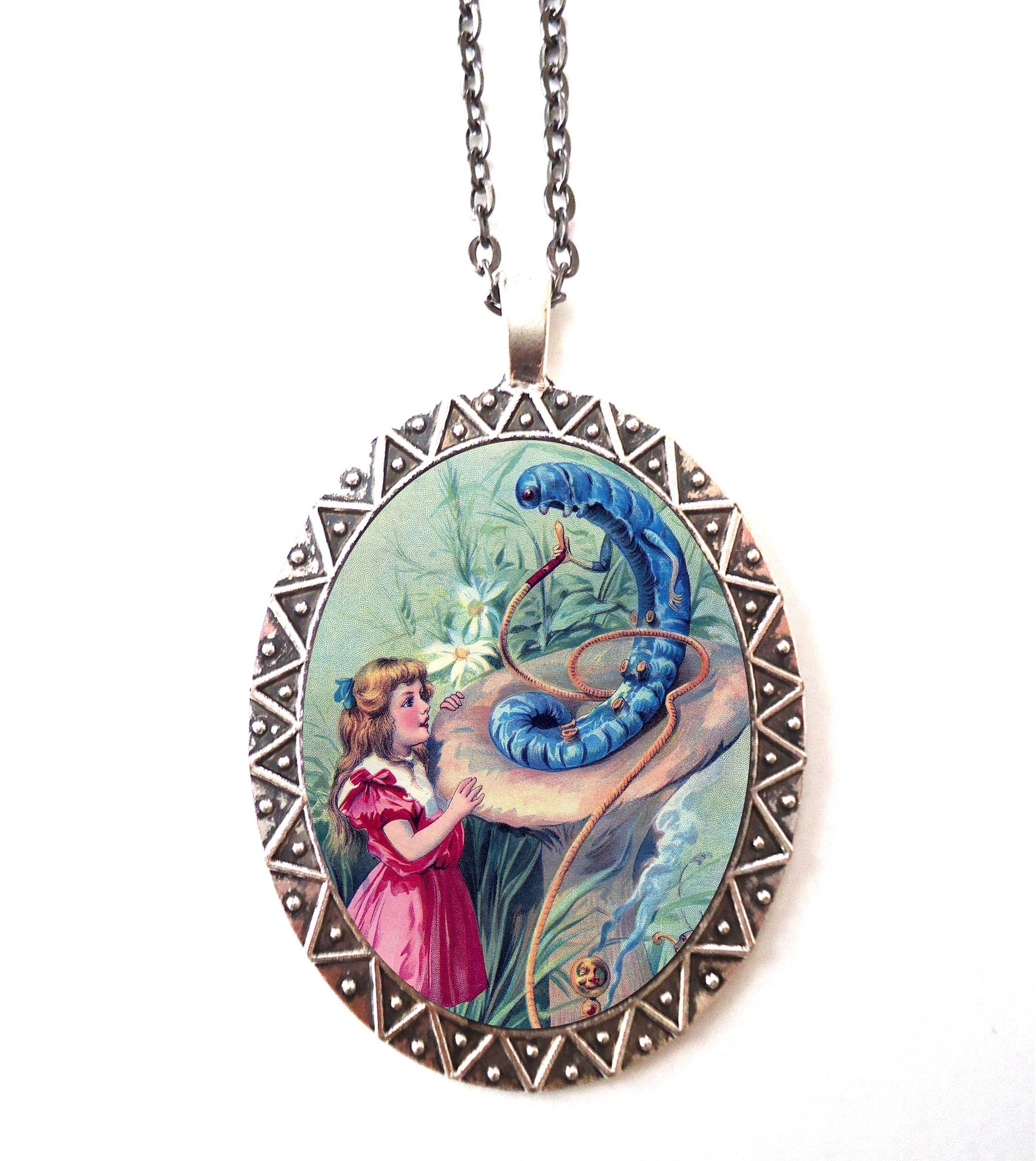 Alice in Wonderland Necklace Pendant Silver Tone - Hookah Smoking Caterpillar Lewis Carroll