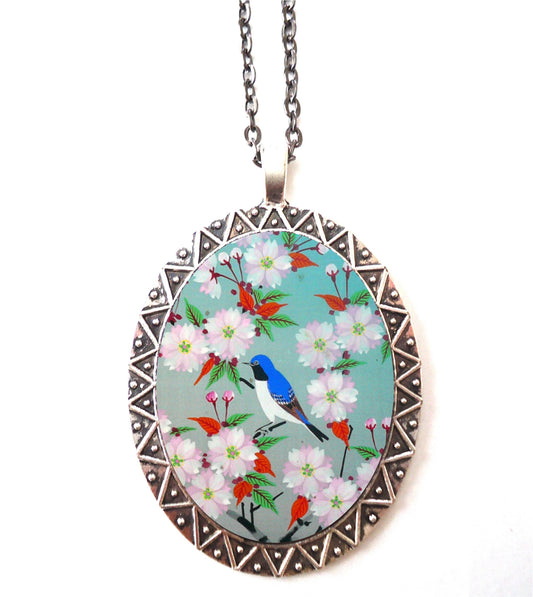 Bluebird Necklace Pendant Silver Tone - Blue Bird Cherry Blossom Sakura Animal Art