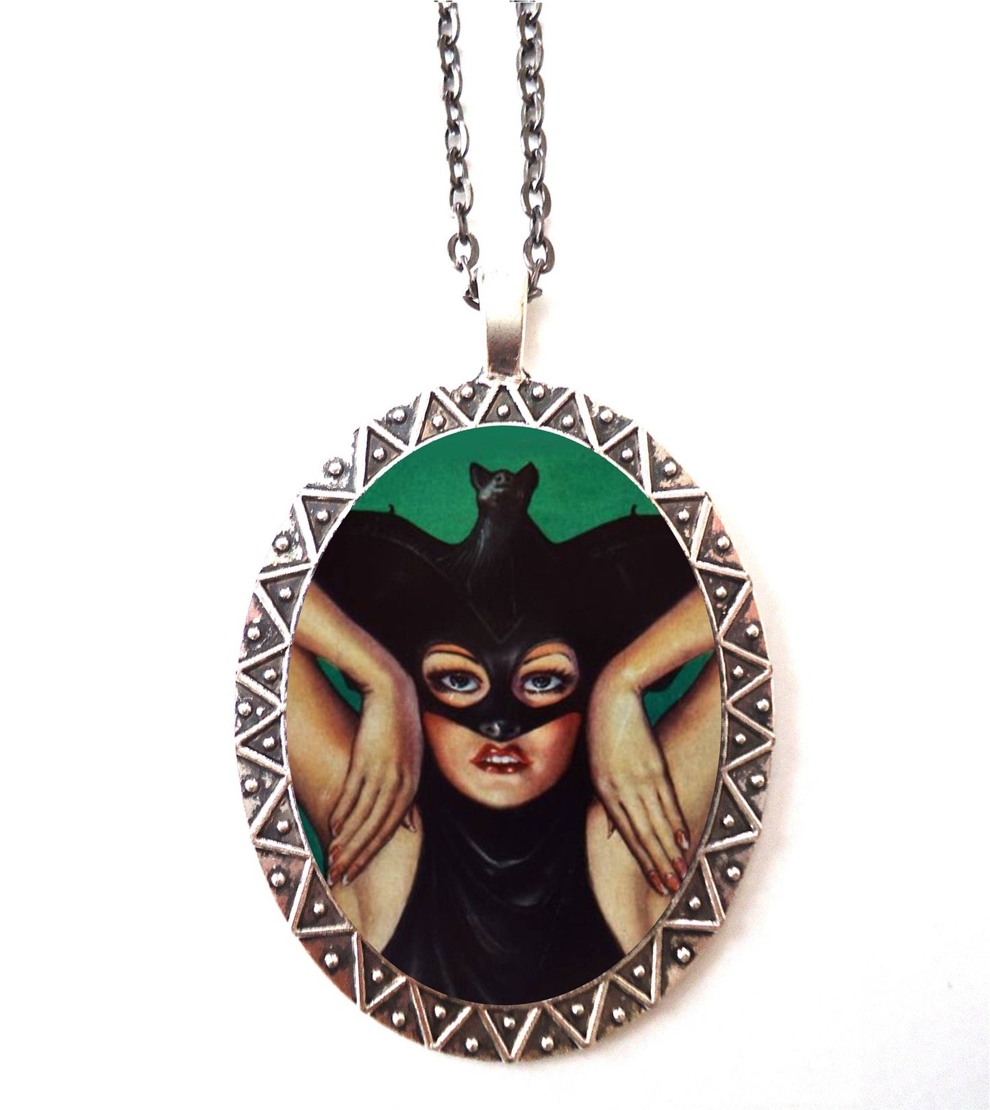 Bat Lady Necklace Pendant Silver Tone - Pulp Fiction Woman Goth Macabre Vamp