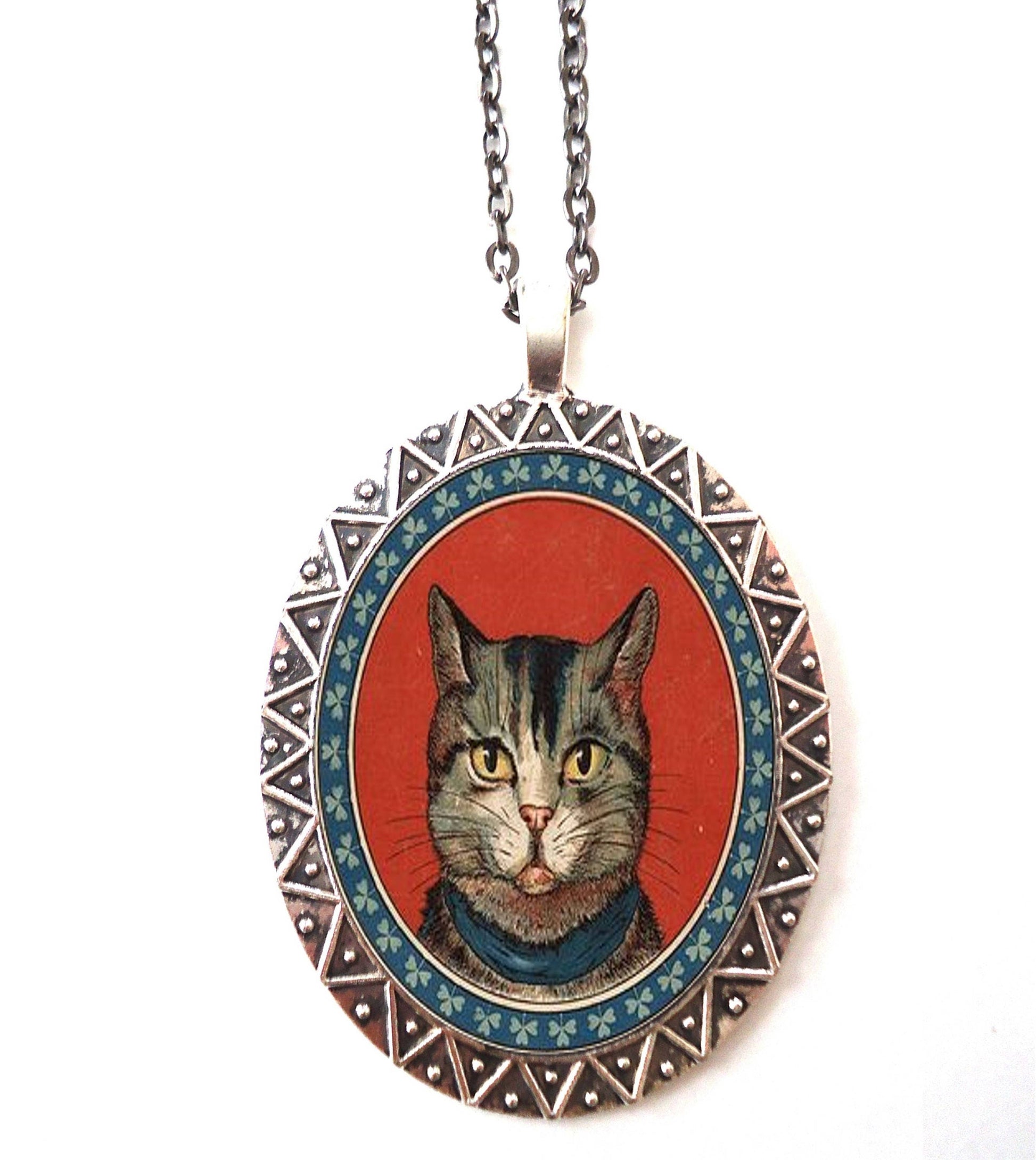 Cat Head Necklace Pendant Silver Tone - Kitten Illustration Animal Art