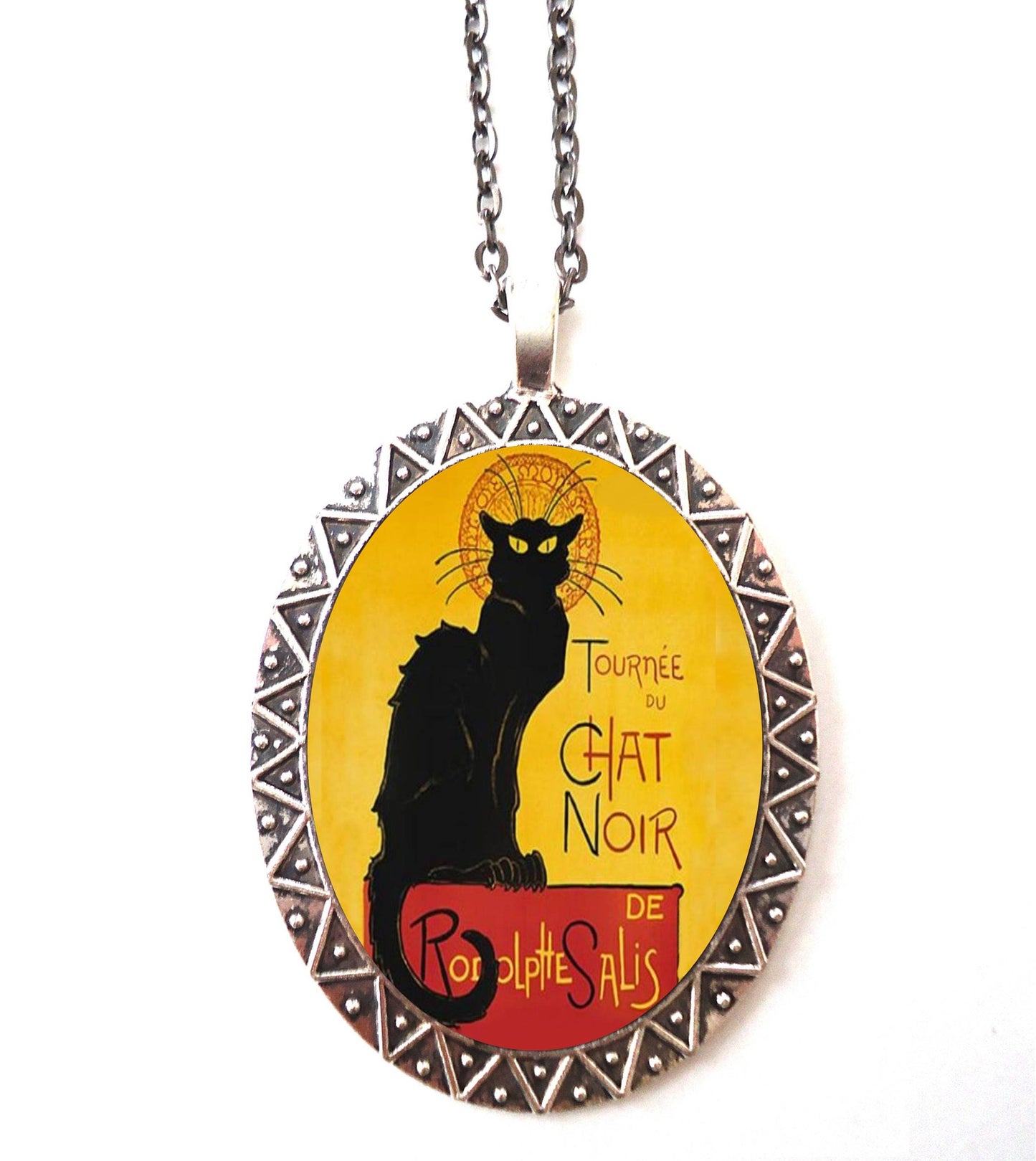 Chat Noir Necklace Pendant Silver Tone - Black Cat French Cabaret Art Nouveau