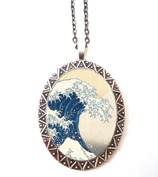 Great Wave Over Kanagawa Necklace Pendant Silver Tone - Japanese Woodblock Hokusai Japan Asian Art