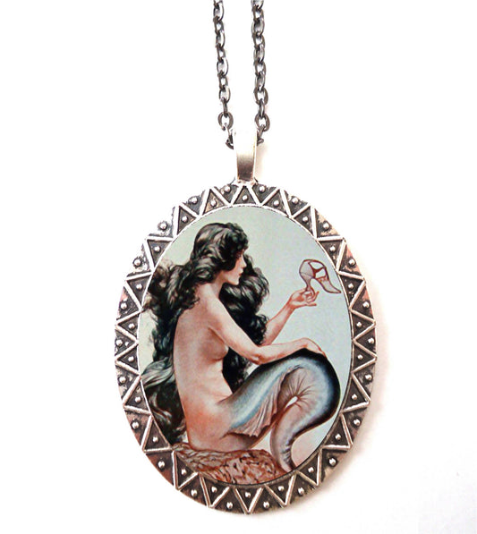 Parisian Mermaid Necklace Pendant Silver Tone - French Art Deco Flapper 1920s Jazz Age Nautical Siren