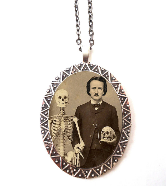 Edgar Allan Poe Necklace Pendant Silver Tone - Skeleton Skull Altered Art Goth Author English Literature Majors Gift the Raven