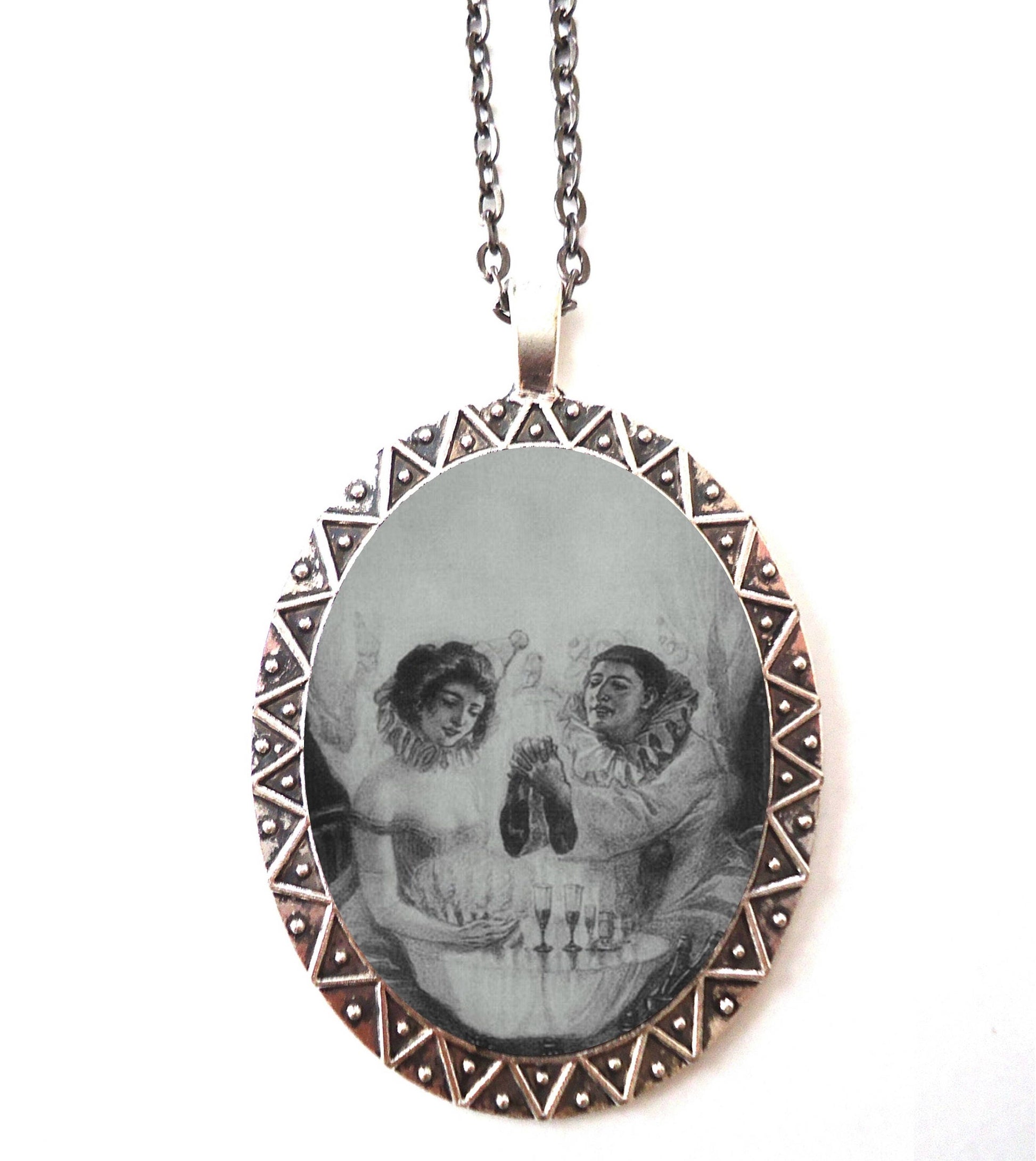 Skull Couple Illusion Necklace Pendant Silver Tone - Optical Illusion Metamorphic Goth Necromance