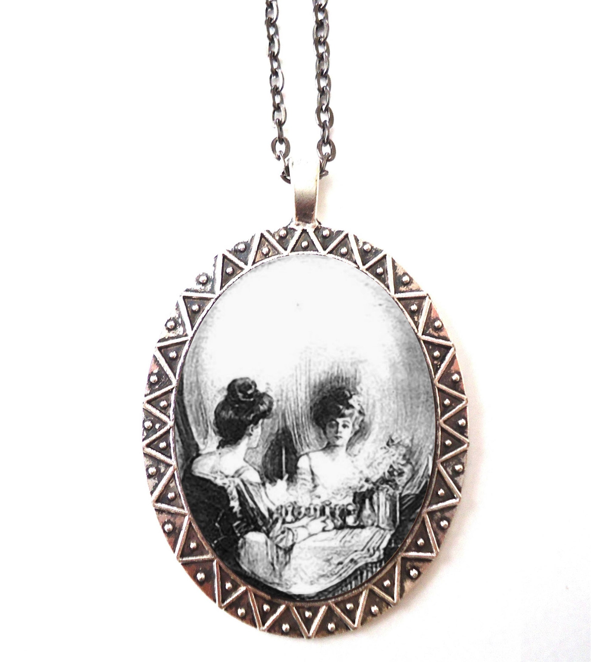 Skull Illusion Necklace Pendant Silver Tone - All is Vanity Optical Illusion Metamorphic Goth