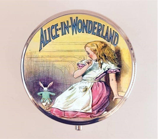 Alice in Wonderland Pill Box Case Pillbox Holder Trinket Stash Box White Rabbit Lewis Carroll Story Book