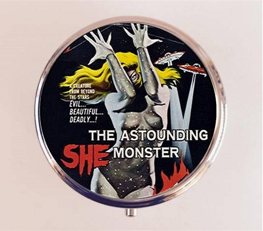 Astounding She Monster Pill Box Case Pillbox Holder Trinket Stash Box Retro B-Movie Kitsch