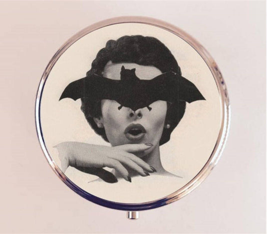 Bat Face Lady Pill Box Case Pillbox Holder Trinket Stash Box Retro Kitsch 1950s Oddity