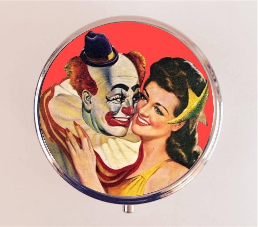 Clown Romance Pill Box Case Pillbox Holder Pulp Fiction Retro Kitsch