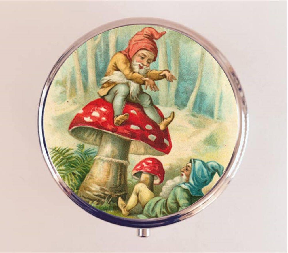 Garden Gnome Pill Box Case Pillbox Holder Stash Trinket Box Mushroom Toadstool Retro Kitsch Lawn Ornament