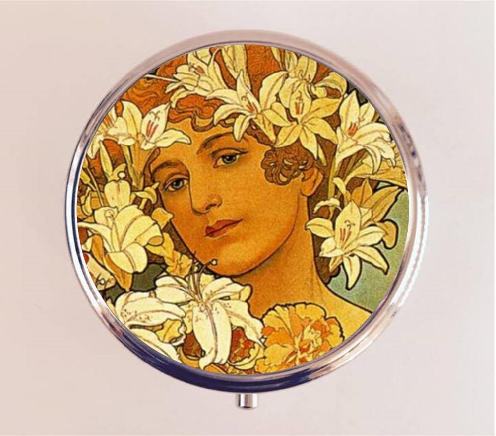 Alphonse Mucha Pill Box Case Pillbox Holder Stash Trinket Box Art Nouveau Boho Flower Floral