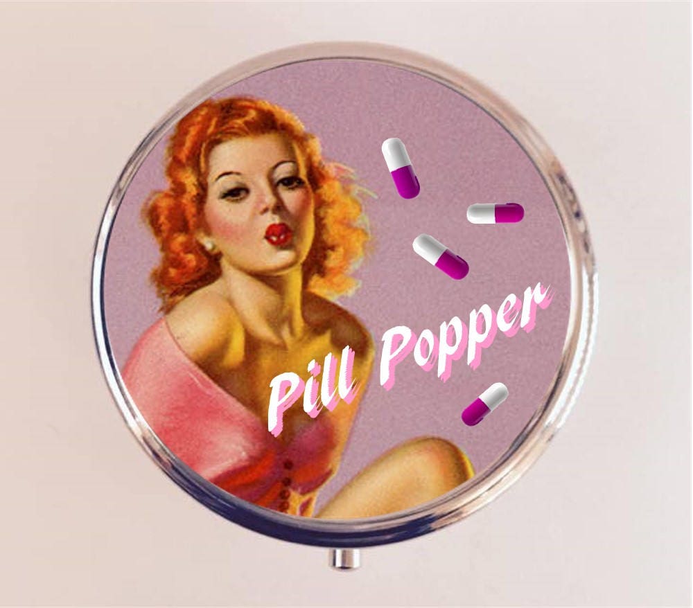 Pill Popper Pill Box Case Pillbox Holder Stash Trinket Box Pinup Girl Pin Up Retro 1950s Pills Funny Humor