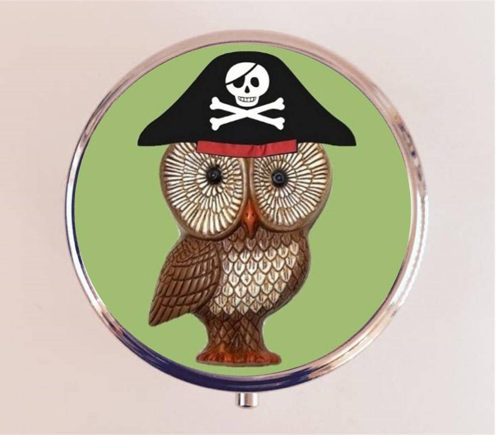 Pirate Owl Pill Box Case Pillbox Holder Stash Trinket Box Animal Whimsical Pop Art Bird