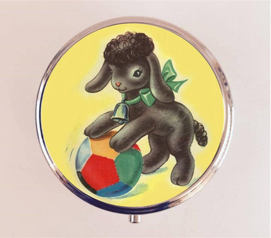 Retro Dog Pill Box Case Pillbox Holder Stash Trinket Box Kawaii 1950's Kitsch Puppy on Ball Children's Illustration