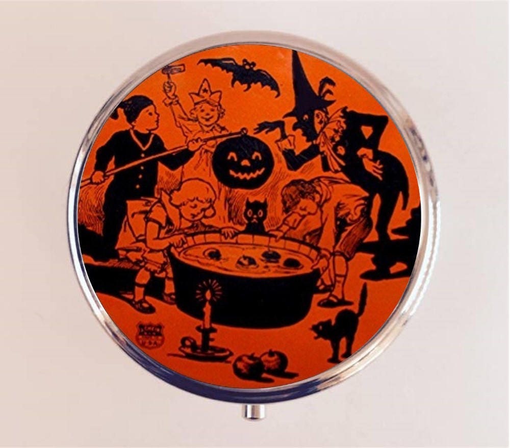 Retro Halloween Pill Box Case Pillbox Holder Stash Trinket Box Bobbing for Apples 1950s