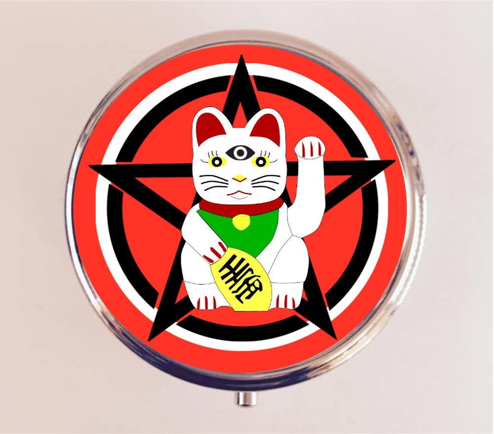 Maneki Neko Pentacle Pill Box Case Pillbox Holder Stash Trinket Box Japanese Lucky Cat Occult Witchcraft Third Eye Trippy