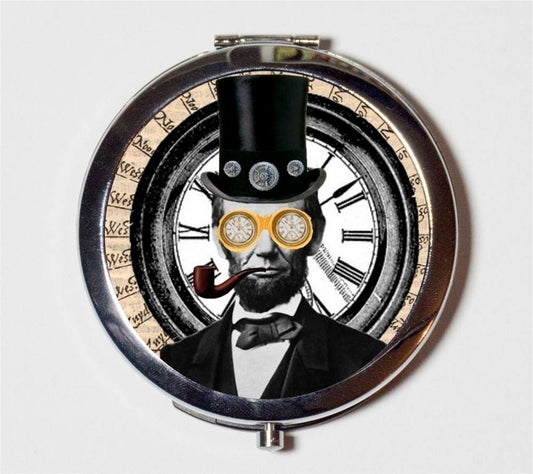 Abraham Lincoln Steampunk Compact Mirror - Victorian Altered Art Pop Surrealism - Make Up Pocket Mirror for Cosmetics