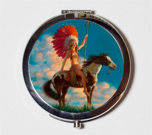 Art Deco Native American Compact Mirror - Horse Indian Roaring 20s Jazz Age Flapper - Make Up Pocket Mirror for Cosmetics