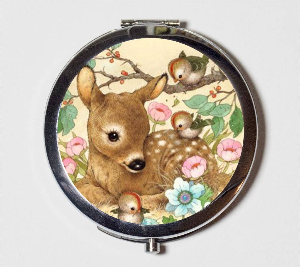 Deer Compact Mirror - Woodland Creatures Retro Kitsch Kawaii Animal Art Whimsical - Make Up Pocket Mirror for Cosmetics