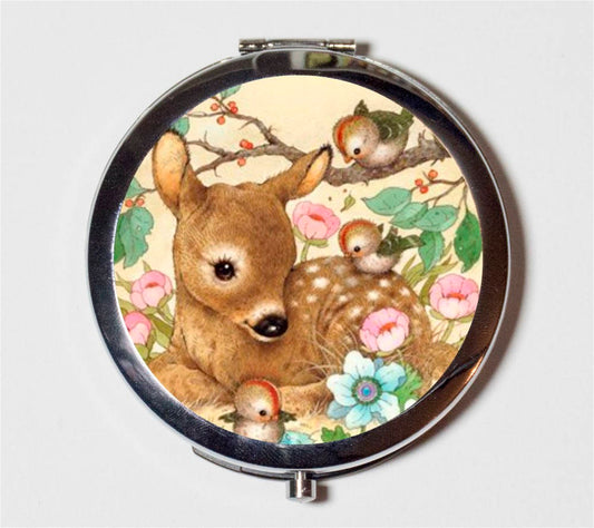 Deer Compact Mirror - Woodland Creatures Retro Kitsch Kawaii Animal Art Whimsical - Make Up Pocket Mirror for Cosmetics