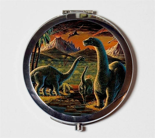 Dinosaur Compact Mirror - Dinosaurs Retro Kitsch - Make Up Pocket Mirror for Cosmetics