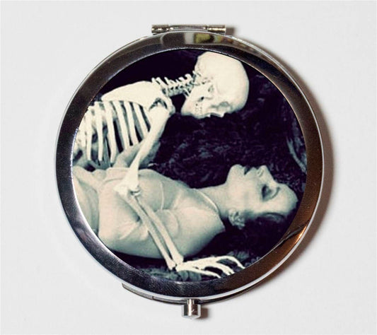 Flapper and Skeleton Compact Mirror - Art Deco 1920s Necromance Jazz Age Goth - Make Up Pocket Mirror for Cosmetics