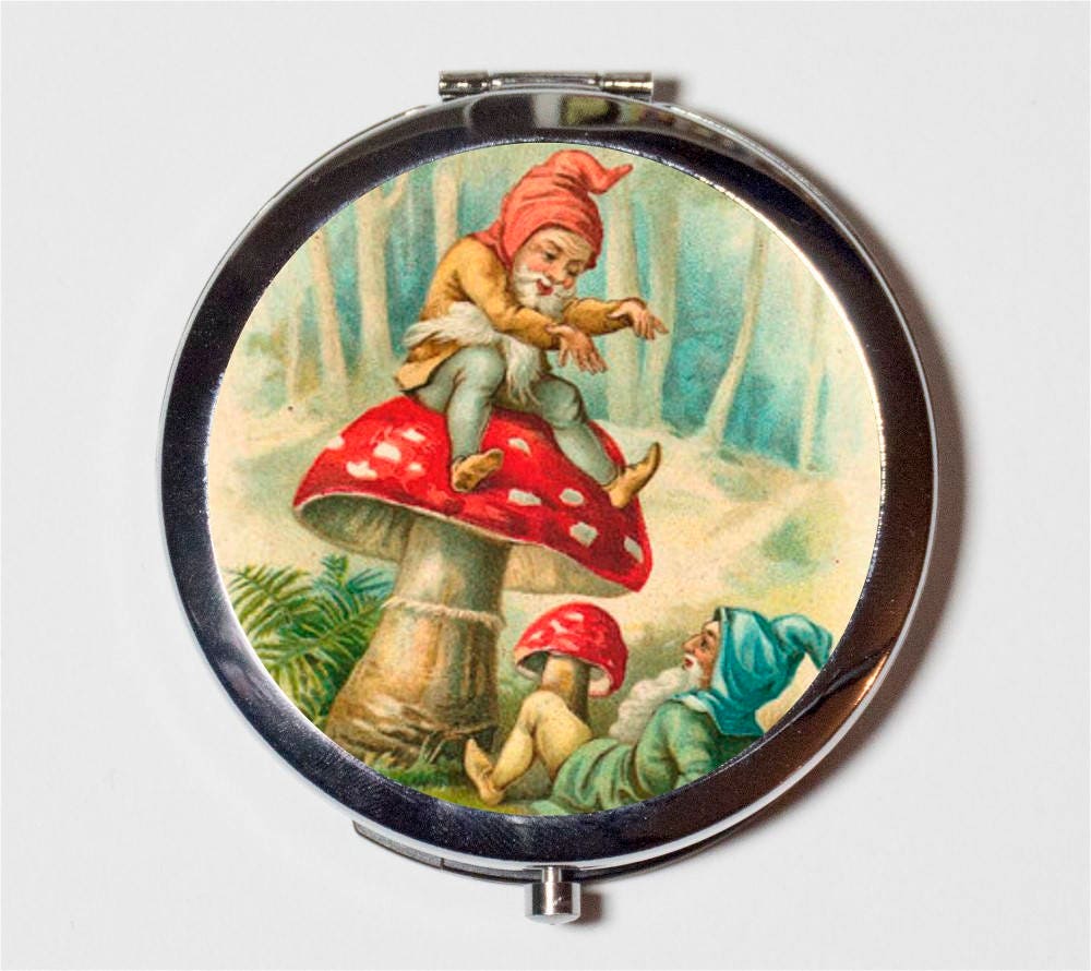 Gnome Elf Compact Mirror - Garden Gnomes Elves Mushroom Whimsical Kitsch - Make Up Pocket Mirror for Cosmetics