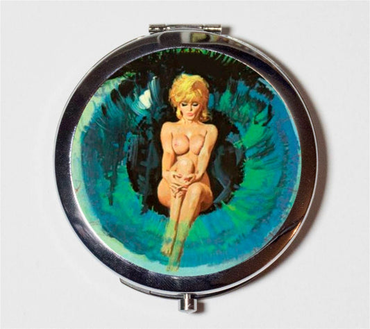 Retro Sleaze Compact Mirror - Kitsch Sexy 1960s Vintage Pulp Fiction - Make Up Pocket Mirror for Cosmetics