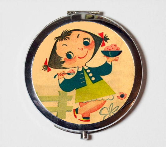 Ice Cream Girl Compact Mirror - Kitsch Retro Kawaii 1950s - Make Up Pocket Mirror for Cosmetics