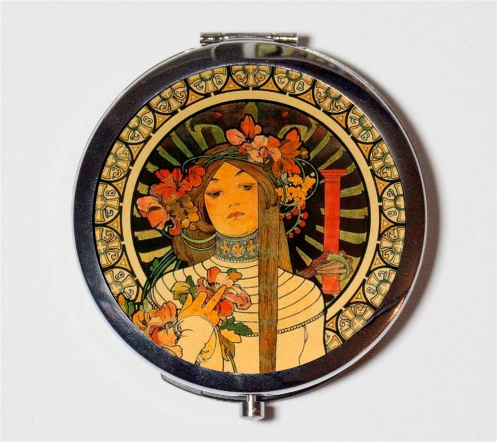 Alphonse Mucha Compact Mirror - Flower Bouquet Art Nouveau Edwardian Boho Gypsy - Make Up Pocket Mirror for Cosmetics