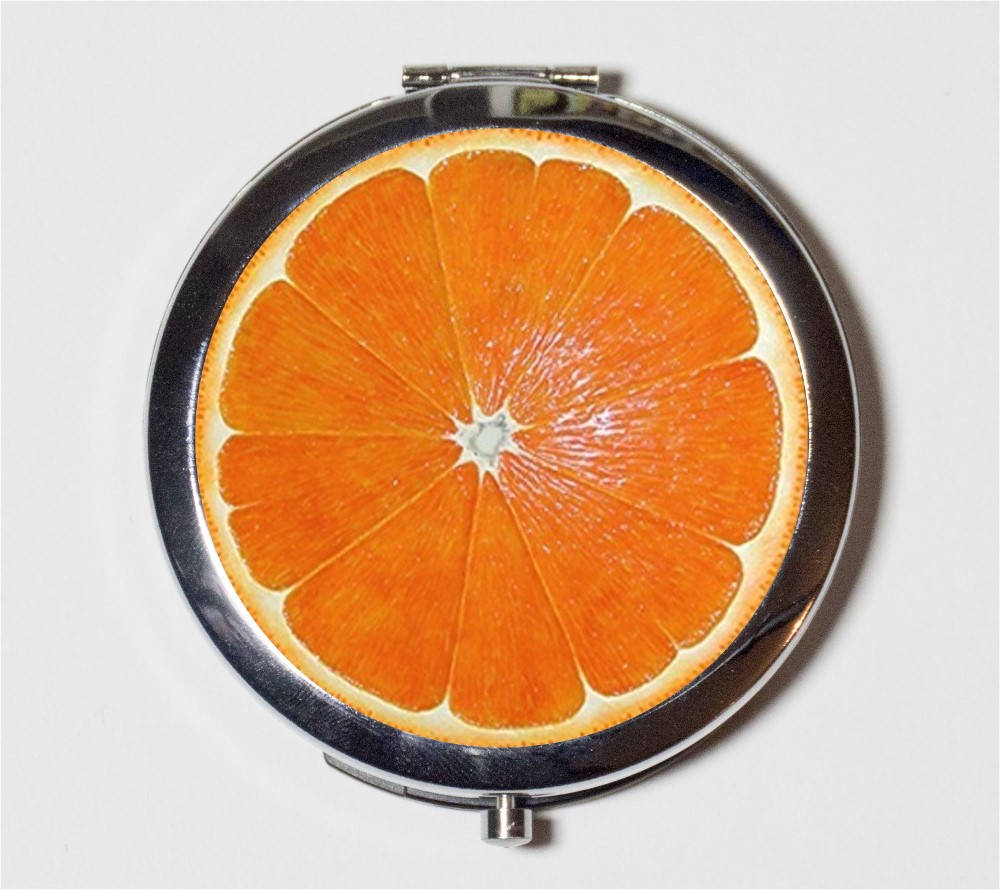 Orange Slice Compact Mirror - Pop Art Fruit Kitsch - Make Up Pocket Mirror for Cosmetics